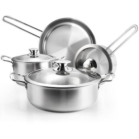 Wodillo Batterie de Cuisine en Acier Inoxydable à 3 Couches, 7 pièces, Poêle à Frire, Casserole et Marmite avec Couvercle en Ver