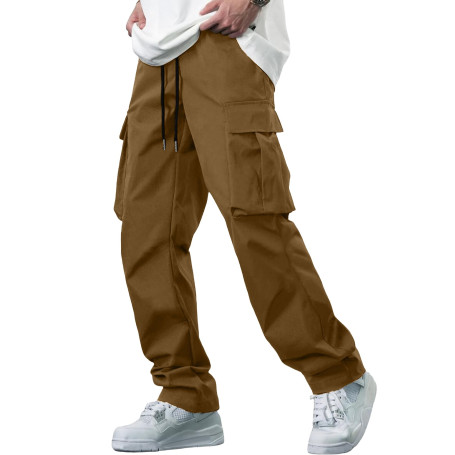 YAOBAOLE Pantalons Cargo Homme Coton Pantalon de Travail avec Multi Poches Taille Elastique Cordon de Serrage