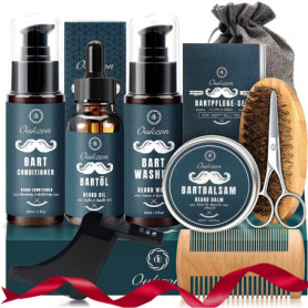 Kit Soins Barbe Homm, Oukzon 10 en 1 Coffret Cadeau Pousse Barbe Complet Professionnel avec Shampoing barbe, Conditionneur, Huil