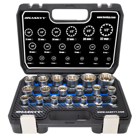 Douilles multi-empreintes Gear Lock 1/2" I 8-32 assortiment outillage Torx intérieur extérieur I kit de 19 pièces