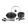 Sitram 712763 Batterie 10 pcs alu noir : 3 poêles Ø20/24/28cm, 2 casseroles Ø16/20cm, 2 ustensiles nylon, 1 couv. verre Ø24cm, 2