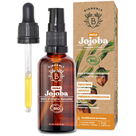 Bionoble Huile de Jojoba Bio 50ml + Pipette et Pompe - Bouteille en Verre - 100% Pure, Naturelle, Pressée à Froid - Huile de Joj