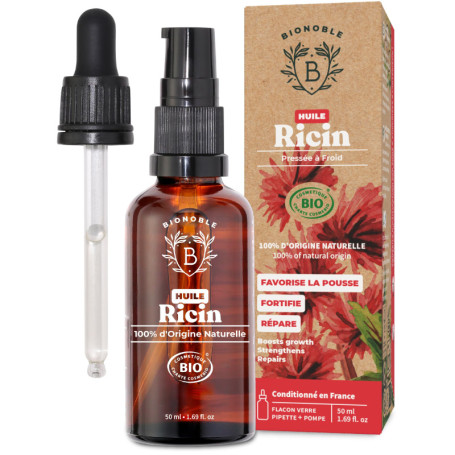 Bionoble Huile de Ricin Bio 50ml - 100% Pure, Naturelle et Pressée à Froid - Cils, Sourcils, Corps, Cheveux, Barbe, Ongles - Veg