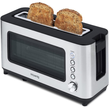 H.Koenig Grille pain Toaster 2 tranches VIEW7 Fentes larges Vitre Transparente Inox vintage, 6 niveaux de brunissage, Décongélat
