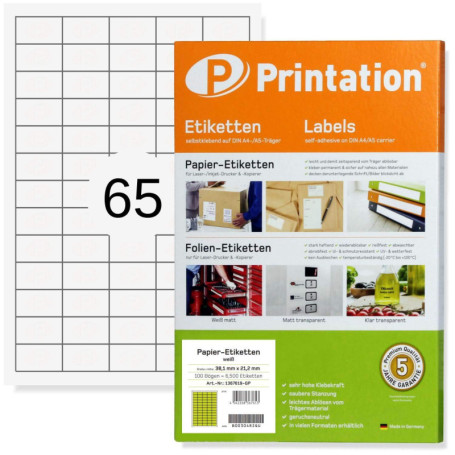 Printation Étiquettes Autocollantes 38,1 x 21,2 mm, 6500 Petite Étiquette blanches adhésives sur Feuille Autocollante Imprimante