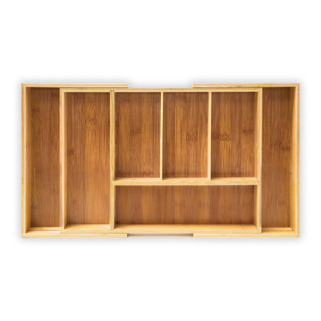 Relaxdays Plateau à couverts extensible HBT 5 x 48,5 x 28 cm, insert à couverts en bambou avec 5 à 7 compartiments comme organis