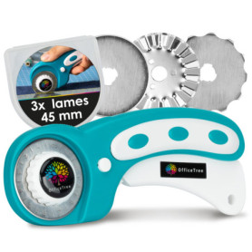 OfficeTree Cutter Rotatif Couture 45mm - 3 Lames Coupe Droite, Vague et Perforée - Découpez du Tissu et du Papier - Cutter Coutu