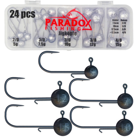 Paradox Fishing Lot de 24 têtes plombées de qualité supérieure (5 g/7.5 g/10 g/12 g/15 g) - 5/4 hameçons hameçons hameçons, leur