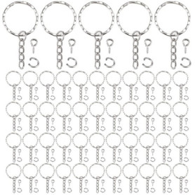 LEEQ 50 pièces Porte-clés Anneaux Split Porte-clés avec chaîne à maillons, 50 pièces Anneaux Ouverts et 50 pièces tiges à vis po