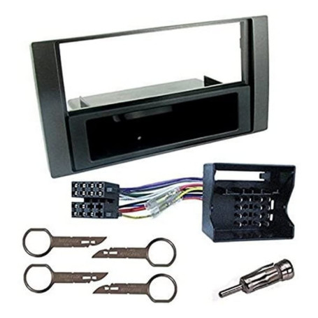 Sound-way Kit Montage Autoradio, Cadre Façade 1 DIN avec Vide Poche, Cable Adaptateur Connecteur ISO, Adaptateur Antenne, Clés D