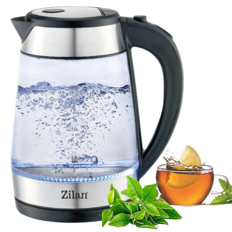 Zilan, Bouilloire en verre et acier inoxydable - 2200 W - 1,7 l - Éclairage LED bleu - 360 ° - Filtre anti-calcaire - Sans BPA -