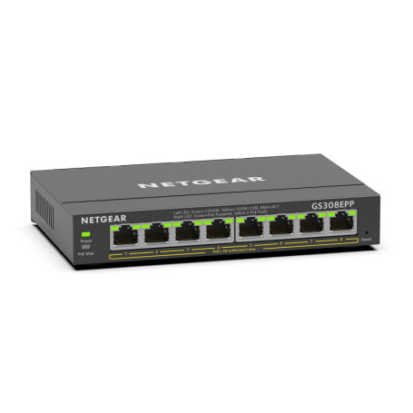 NETGEAR GS308EPP Commutateur réseau 8 Ports Gigabit Ethernet Plus avec 8 PoE+ @ 123 W, Montage Mural ou de Bureau
