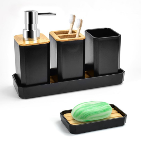 ADERTOS 5 Pièces Ensemble d'Accessoires de Salle de Bain Accessoire pour Salle de Bain en Bambou avec Bouteilles de Lotion, Port