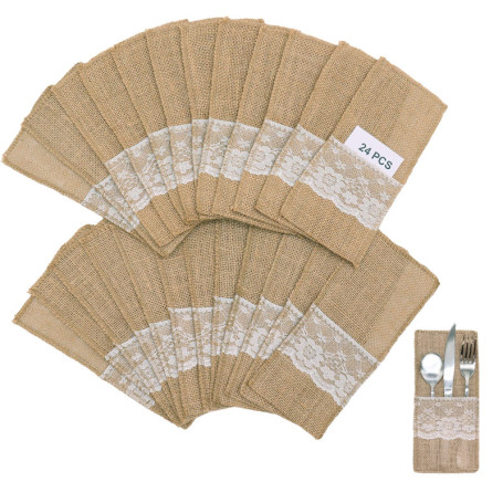 Leeyunbee Lot de 24 sacs à Couverts en Toile de Jute avec Dentelle, Porte-ustensiles en Toile de Jute en Dentelle, Vintage Decor