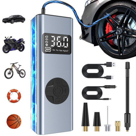 Mini Compresseur à Air Portatif, HYCHIKA 12V 6000mAh Gonfleur Pneus Voiture Gonfleur Electrique Pompe a Velo 150PSI avec Écran L