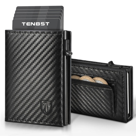 TENBST Porte Carte | Portefeuille en Cuir Carbone Bloquant RFID | Etui Carte Bancaire Anti Piratage | Porte Monnaie avec Billets