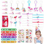 JOYUE 50 PCS Anniversaire Licorne, Bracelets, Porte Clés, Tatouage Enfant, Epingle à Cheveux, Signet, Bracelets Slap, Jouet Kit 