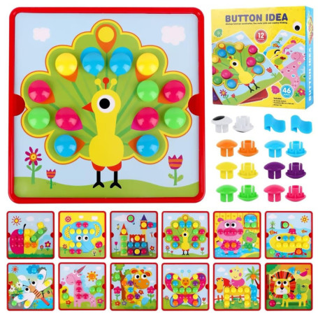 TNEDFOD Jouets en Mosaïque, Jeu Mosaique Enfant, Jouets éducatifs Montessori 12 Cartes et 46 Boutons Puzzle d'apprentissage Préc