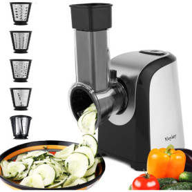 Meykey Râpe électrique pour légumes et fruits 150 W avec 5 accessoires et grand tube d'alimentation pour vos légumes et fruits, 