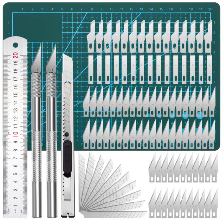 Cutter de Précision Couteau, 2 Stylos Scalpel 90 Lames Tapis de Découpe Règle en Acier pour Découpe de Travail d'art Bricolage, 