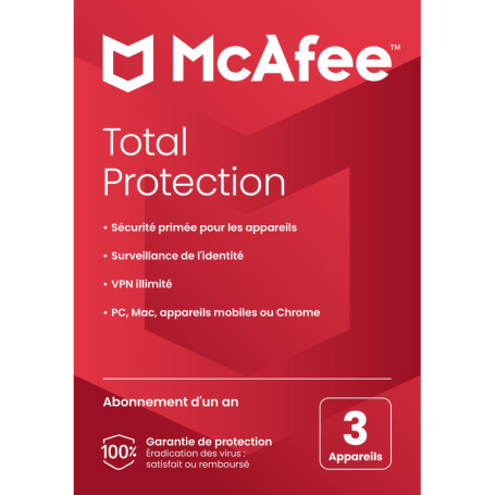 McAfee Total Protection 3 appareils 2025 |12 mois |VPN sécurisé, logiciel de sécurité avec antivirus, gestionnaire de mots de pa