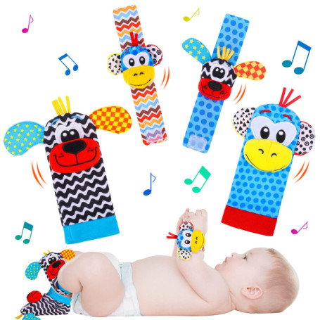 hugttt 4 Pcs Bébé Poignet et Chaussettes Hochet Jouets, Pied Finder et Poignet de Bell Strap Hochet Chaussettes Animaux Jouet Ev