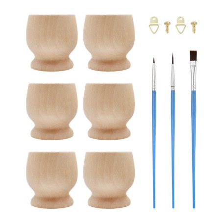 HDGSAFD Lot de 6 coquetiers, 1 jeu de crayons de peinture à l'huile, coquetiers en bois, coquetiers colorés, porte-œufs, coqueti