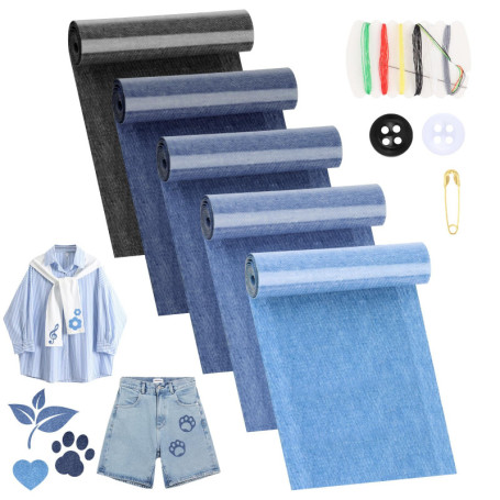 UKOFEW 5 Rouleaux Patch Thermocollant Jean,8 x 50cm Tissu Thermocollant Jean avec accessoires de couture,Patchs Thermocollants A