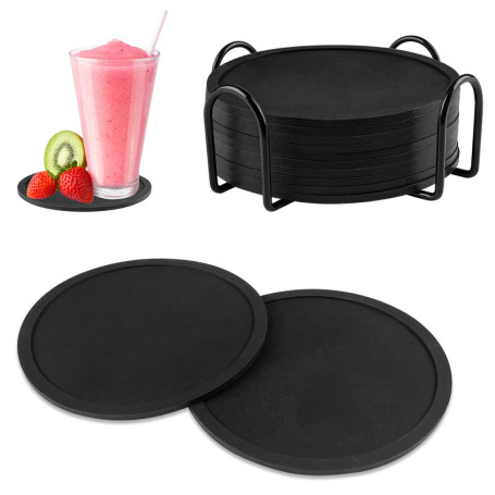 Gvolatee 12 Pièces Dessous de Verre Silicone avec Support, sous-Verre de Table Noir avec Rainures, sous-Bock Rond Design de Plat