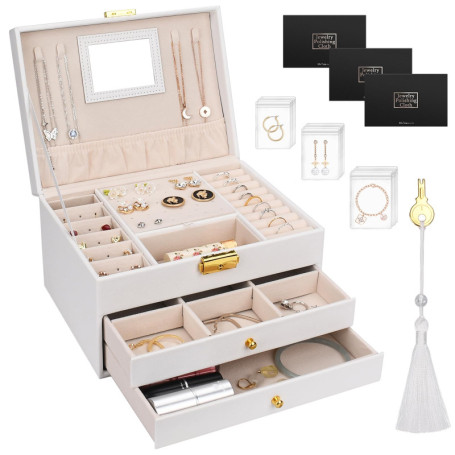 TAVADA Coffre à Bijoux de Femme,Organisateur De Bijoux PU 3 Couches Verrouillable,Boite en Cuir Imperméable pour Filles Ranger B