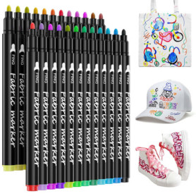 24 Couleurs Marqueurs Textile et Tissu, Marqueur Feutre Textiles Non-Toxique Feutres Indélébile - Idéal pour T Shirt Blanc, Sac 