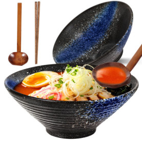 Sosayet Bols à ramen en céramique, 2 Ensembles bol japonais vintage avec baguettes et cuillère, bol en céramique pour Ramen, sal