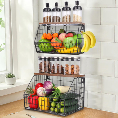 Zaxiva 2 Etages Corbeille a Fruit, Panier a Fruit etagere de murale cuisine, Rangement de cuisine empilable, Avec un Couvercle e