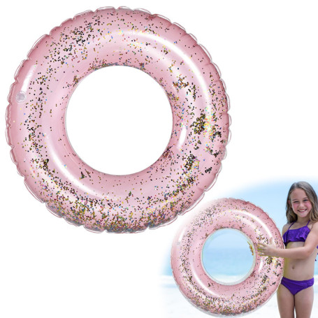 LUMOOM Bouée de natation gonflable avec paillettes - En PVC transparent - Pour adultes - Piscine, plage et sable - Fête (rose)