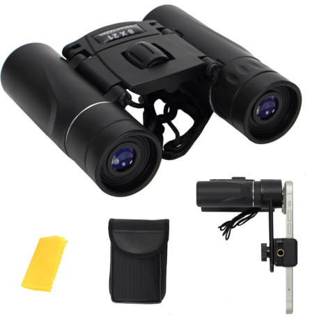 FLYAMAPIRIT Mini jumelles télescopiques pliables 8 x 21 HD avec adaptateur pour smartphone, sangle de transport et sac de rangem