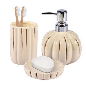 Home Basic Lot de 3 pompes à lotion, gobelet, porte-savon, glaçure beige
