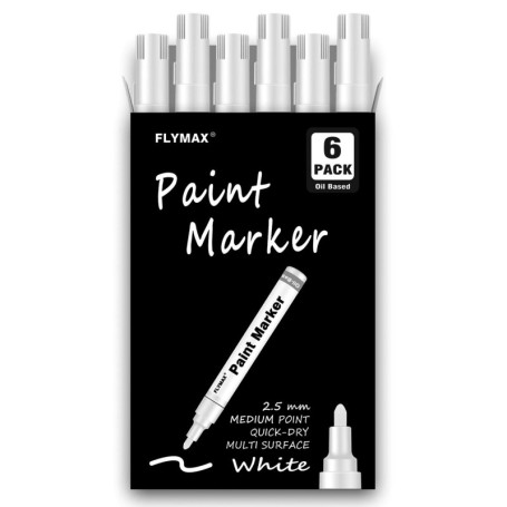 Lot de 6 marqueurs de peinture blanche permanents à pointe moyenne de 2,5 mm pour bois, roche, plastique, cuir, verre, pierre, m