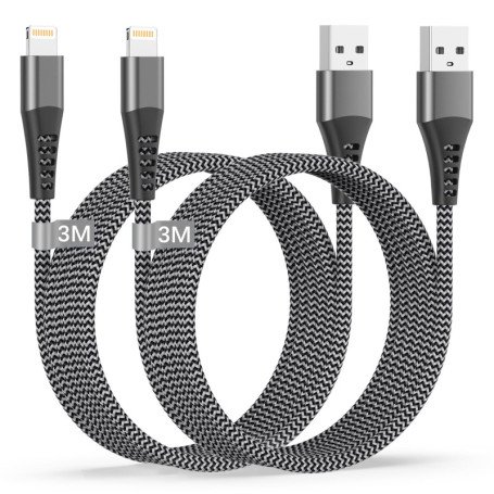 Câble iPhone, Cable Chargeur iPhone 3m/Lot de 2 Certifié MFi Câble Lightning USB iPhone Cable 3m Long Nylon Cable iPhone USB Cor