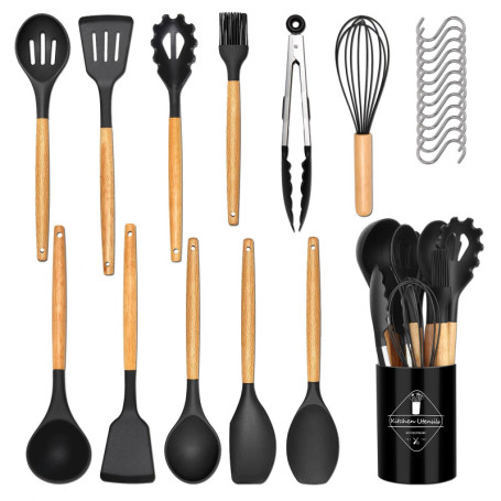 24 Pièces Kit Ustensiles de Cuisine, Set de couverts de cuisine, poignée en bois, résistant à la chaleur, Ensemble de Cuisine sa