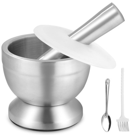 304 Mortier Pilon Cuisine avec Pinceau, Cuillère et Couvercle en Silicone, Moulin à épices de Qualité Supérieure, Broyeur et bol