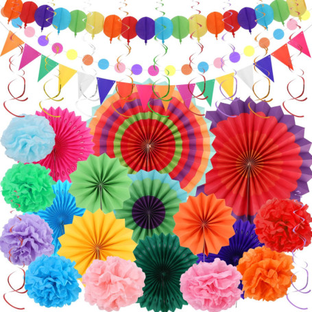 LEAZZLE 33 Pièces Set Decoration Fete Colorée , Decoration Anniversaire Avec des Eventail en Papier Suspendu, Pompon, Banderole 