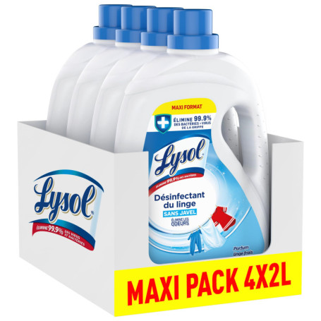 Lysol Désinfectant du Linge Liquide 4x2L - Désinfection & Anti-Odeurs - Parfum Linge Frais - Sans Javel