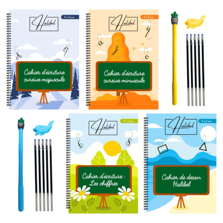 Halibel 4 CAHIERS ECRITURE MAGIQUE CALLIGRAPHIE ENFANT FRANÇAIS - REUTILISABLE (maternelle, CP, CE1, CE2), APPRENTISSAGE ECRITUR