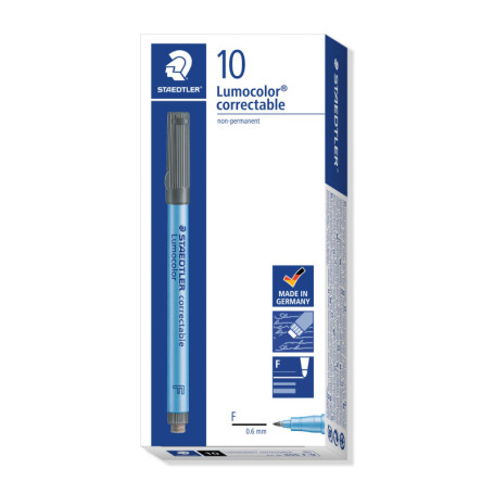 Staedtler Lumocolor Correctable, Feutres noirs non-permanents effaçables à sec, Pointe fine, Encre à base d'eau quasi inodore, B