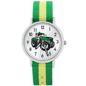 Pacific Time Montre-bracelet pour enfant garçon tracteur pour enfant - Vert - Bracelet textile vert jaune - Aiguilles lumineuses
