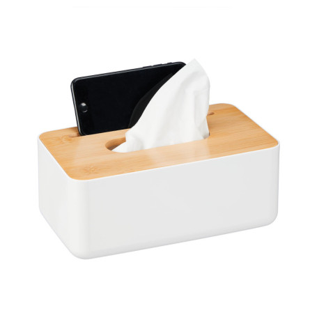 Relaxdays Boîte à mouchoirs, Plastique & Bambou, Distributeur, rectangulaire, HxLxP : 10x23x13 cm, Blanc - Nature