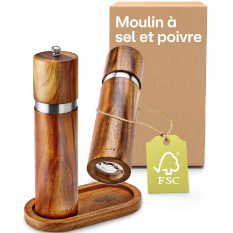 Moulin à sel et poivre en bois d'acacia avec soucoupe - Bois FSC® durable - Broyeur en céramique durable - Sans plastique
