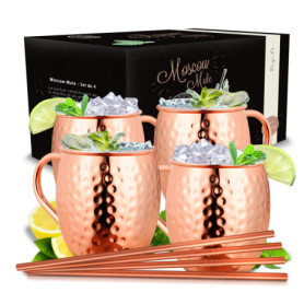 Vezato Verre Moskau Mule [500ml] - Verre en cuivre pour Moskau Mule avec pailles - Verre moscow mule fait main [4 pièces] - Inox