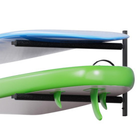 QLS Support mural - Crochet de rangement pour planche de surf, SUP - Mousse de protection - Étagère d'atelier - 2 niveaux - Noir