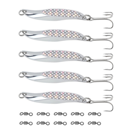 SG Store 5pcs Leurres de Pêche en Mer en Métal Argenté de 65 Mm avec Hameçons Triples Et 10 émerillons pour Bar Maquereau Truite